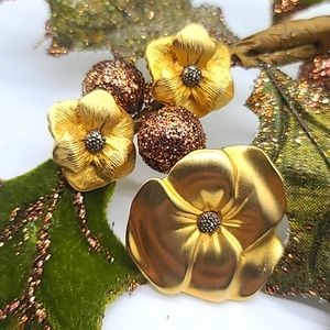 Judith Jack Textured Gold Clip Pansy Earrings & Brooch w 925 Marcasite Centers!